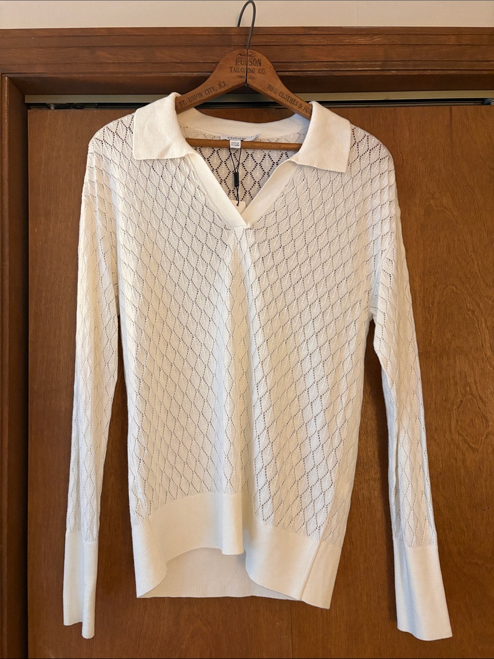 Chico's Cream Open-Knit V-Neck Sweater with Collar